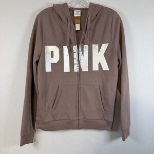 PINK Victoria's Secret Full Zip Hoodie Silver‎ Logo Front Pockets M NWT